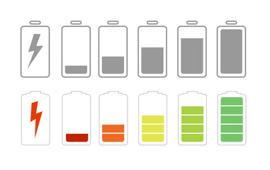 Battery with different level of charge. Car battery indicator, battery charge signs. Wireless charging energy sign. Vector