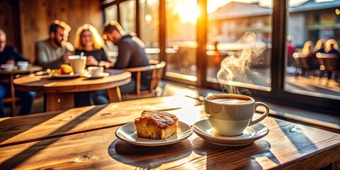 Fototapeta premium Golden Hour Comfort A Steaming Cup of Coffee and a Warm Pastry on a Sun-Drenched Table