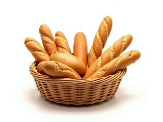 Freshly Baked Bread Rolls in a Rustic Basket on a White Background Showcasing Assorted Shapes and Textures