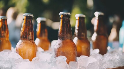 Refreshing amber bottles nestled in ice at a summer gathering