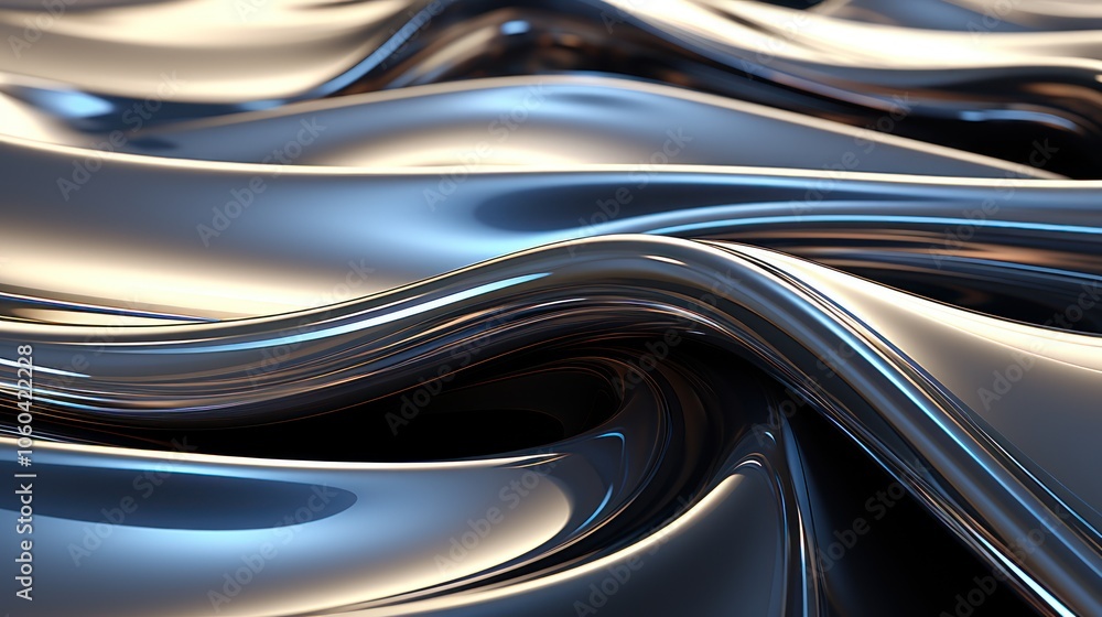 Poster A close-up view of smooth, reflective metallic waves creating a dynamic visual effect.
