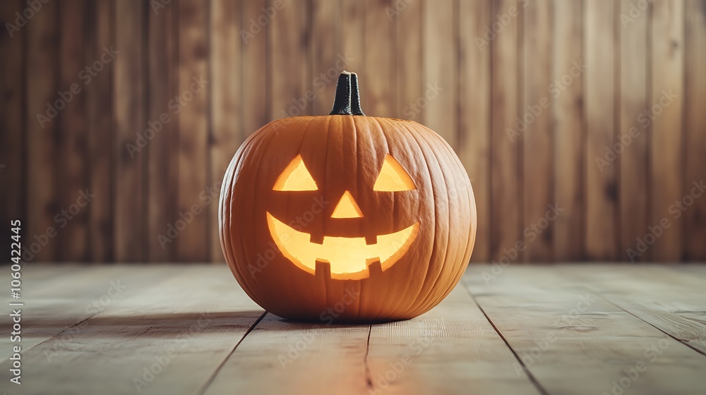 Poster smiling jack o' lantern on wood floor abstract gradient background with copy space