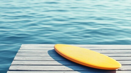 A vibrant yellow surfboard rests on a wooden dock by calm blue waters.
