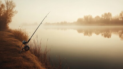 A tranquil fishing scene at dawn by a calm river, showcasing nature's beauty.