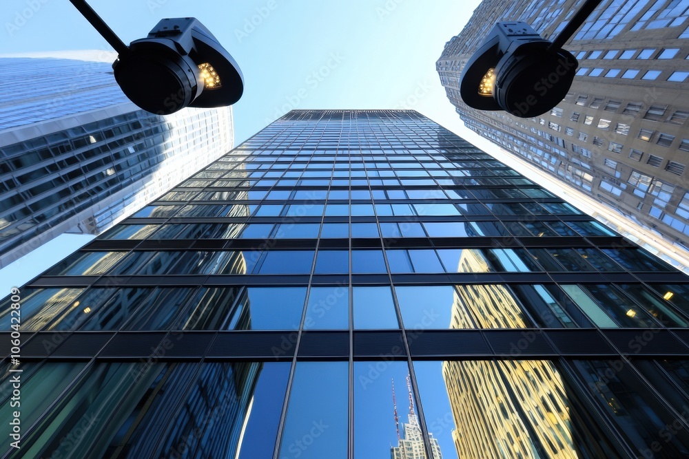 Poster surveillance cameras are positioned strategically around the modern office building, ensuring securi