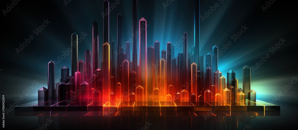 Poster abstract digital landscape with colorful crystal-like structures and dynamic lighting effects.