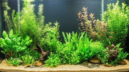 A vibrant aquarium showcasing various aquatic plants and decorations.