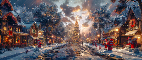 An enchanting street with delightful homes aglow in Christmas lights, featuring a beautifully decorated tree, creating a magical evening ambiance filled with holiday cheer.