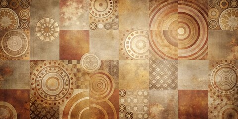Naklejka premium Abstract geometric pattern with distressed texture featuring circular, square, and patterned design elements in earthy tones