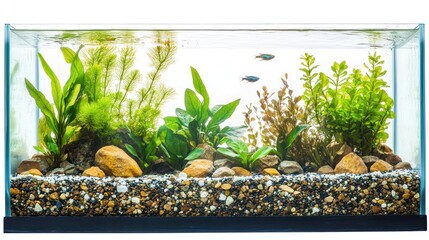A vibrant aquarium featuring aquatic plants, rocks, and small fish.