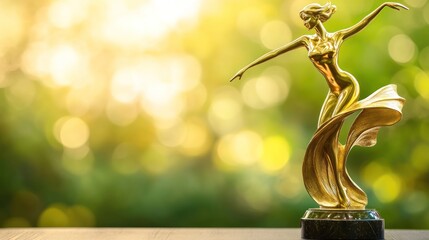 A golden trophy depicting a dancing figure, set against a blurred natural background.