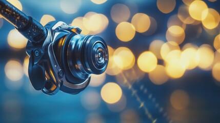 A close-up of a camera lens with blurred lights in the background.