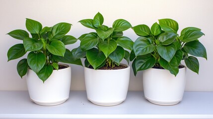 Fototapeta premium A beautiful arrangement of five unique houseplants in elegant white pots displayed on a shelf against a clean white background