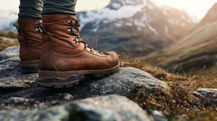 A hiker's boot stands on rocky terrain, with mountains in the background at sunset.