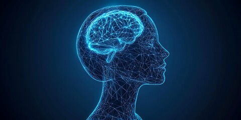 Human Brain Wireframe Illustration Simple Neutral Background with Free Space for Design