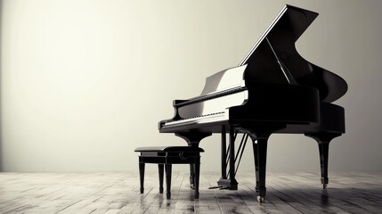 A grand piano and bench in a minimalist setting, emphasizing elegance and musicality.