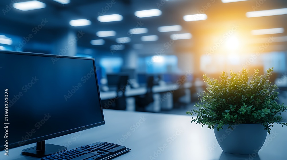 Poster modern office workspace with desktop computer and plant soft pastel background for graphic design te