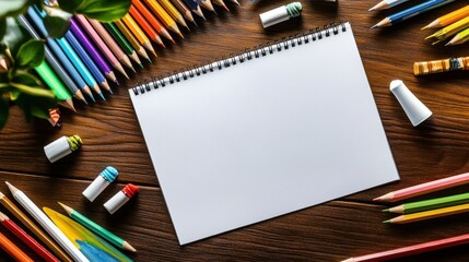 A blank sketchbook surrounded by colorful art supplies for creative projects.