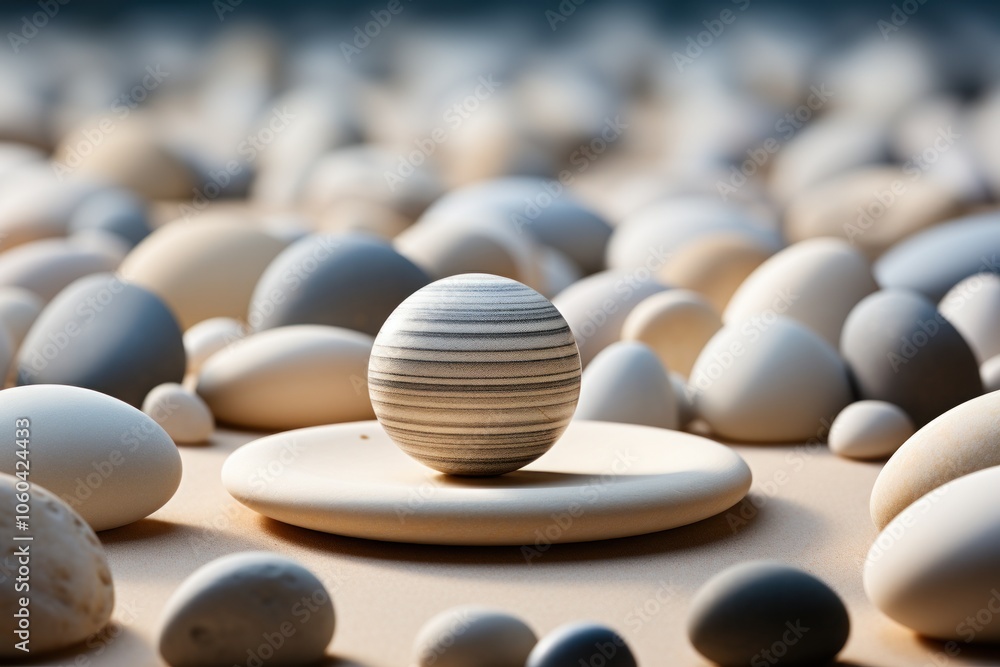 Poster a serene arrangement of smooth pebbles with a striped sphere on a circular base.
