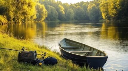 A serene riverside scene with a boat, fishing gear, and lush greenery at sunset.