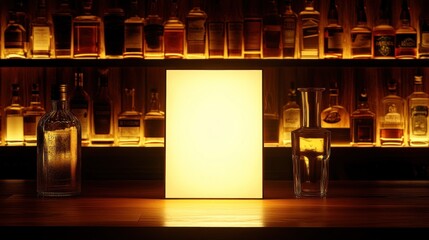 A illuminated display in a bar setting, surrounded by various bottles of liquor.
