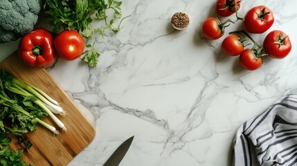 Fresh vegetables and herbs arranged on a marble countertop for cooking preparation.