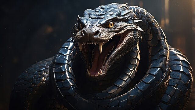 A strikingly detailed rendering of a majestic cobra, its hood flared and fangs bared, ready to strike at any moment.