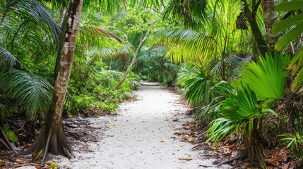 A serene sandy path through lush tropical vegetation.