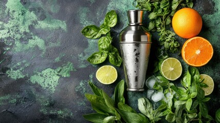 A cocktail shaker surrounded by fresh herbs and citrus fruits on a textured background.