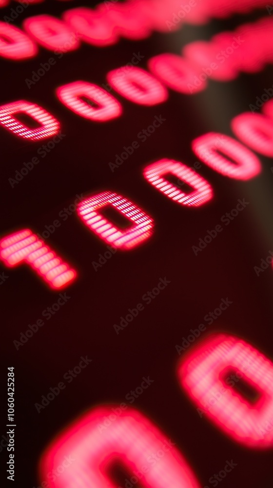 Aufkleber Close-up of glowing red digital binary 1 and 0 tech numbers on dark background vertical format