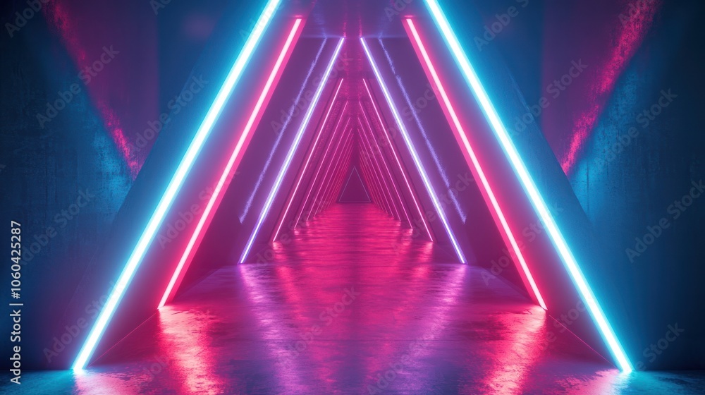 Poster futuristic triangle corridor with neon lights illuminating the walls creating a symmetrical