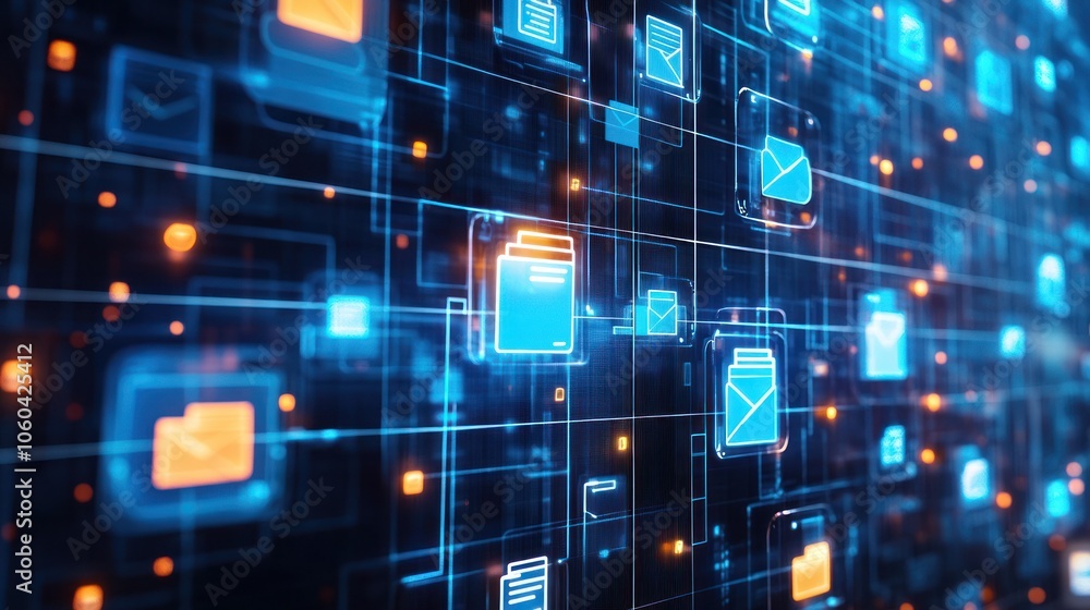 Poster abstract network grid with icons of files and folders floating in a virtual space symbolizing a digi