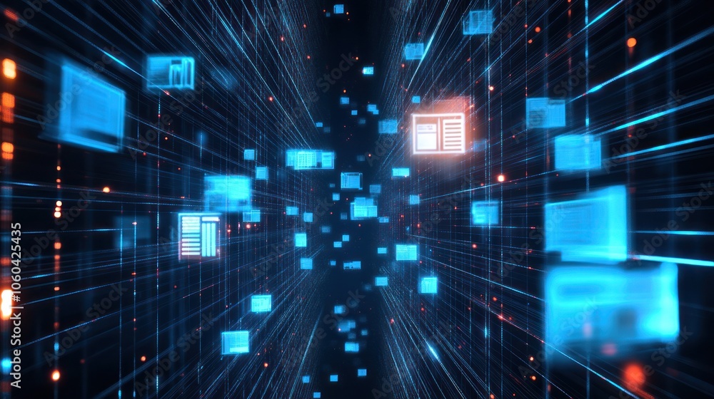 Poster abstract network grid with icons of files and folders floating in a virtual space symbolizing a digi