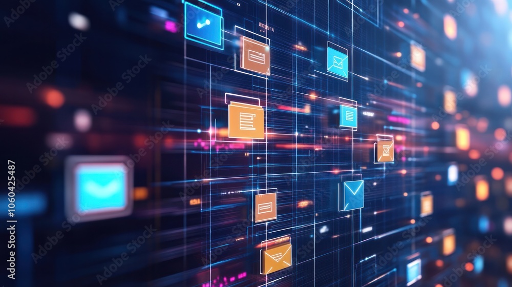 Poster abstract network grid with icons of files and folders floating in a virtual space symbolizing a digi