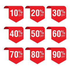 Set of red discount ribbon stickers with percentage numbers isolated on a transparent background. Shopping label badges featuring various percent-off designs. Vector illustration