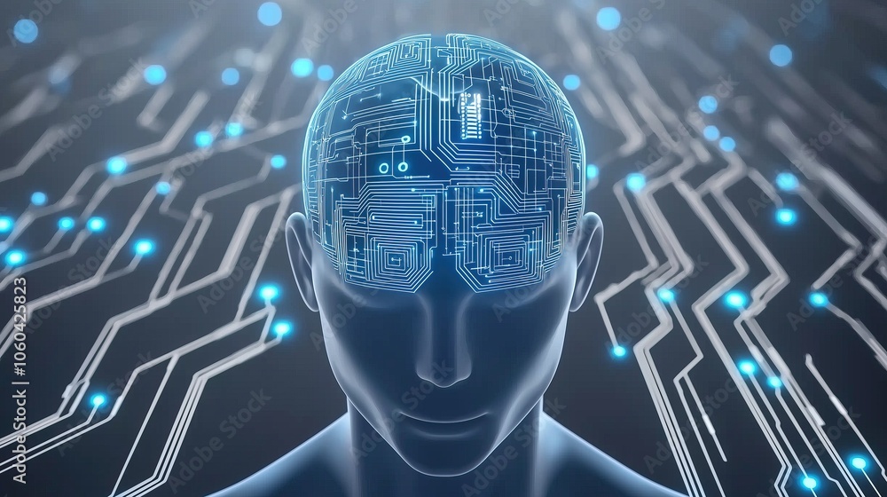 Aufkleber futuristic ai being male figure with digital brain and circuit pattern technology artificial intelli