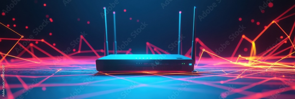Leinwandbilder Glowing lines radiate from a central router surrounded by network cables, illustrating a dynamic technology environment. Generative AI