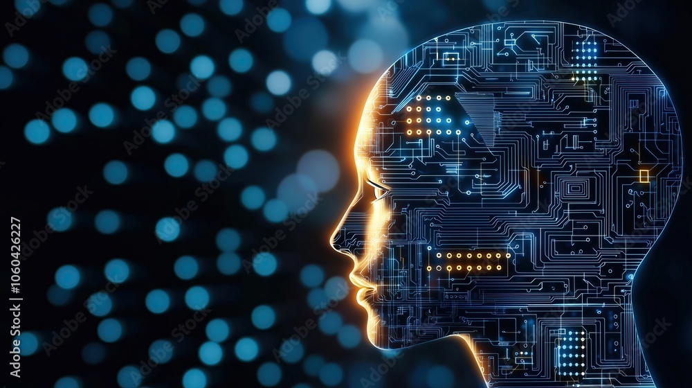 Poster futuristic profile of human ai being head with aritficial intelligence neural network digital circui