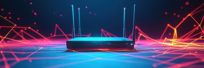 Glowing lines radiate from a central router surrounded by network cables, illustrating a dynamic technology environment. Generative AI