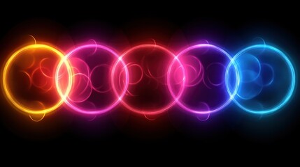 Colorful glowing circles arranged in a linear pattern against a dark background.