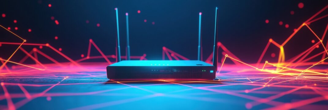 Glowing lines radiate from a central router surrounded by network cables, illustrating a dynamic technology environment. Generative AI