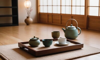 Traditional Japanese tea ceremony setting with teapot, cups, and a lantern