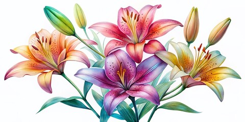 Obraz premium Beautiful Silhouette of Lily Flowers in Watercolor Closeup on Transparent Background for Nature Designs