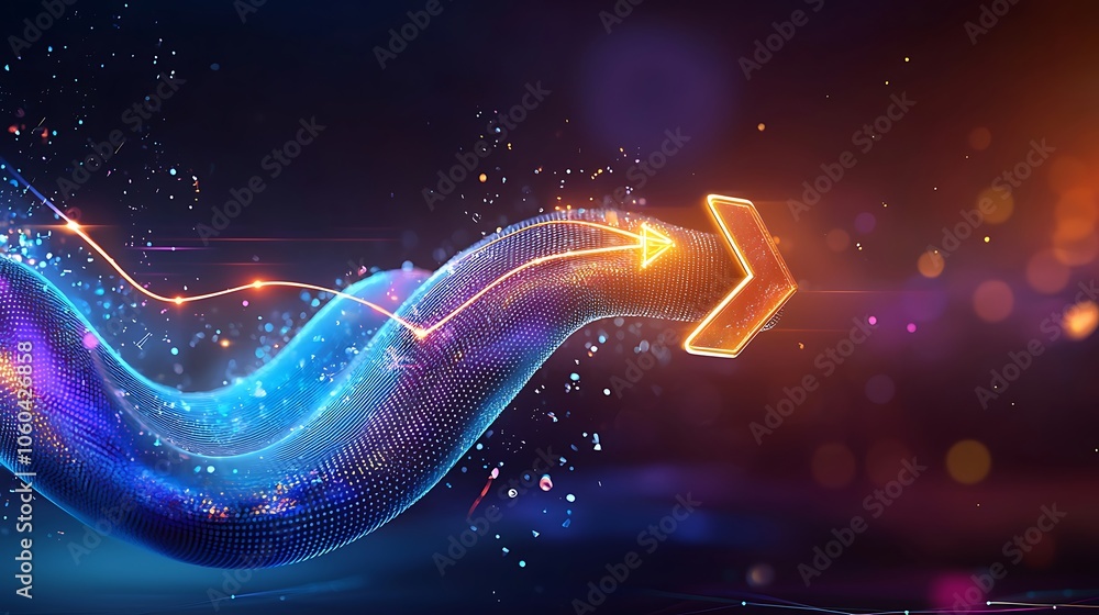 Poster an abstract digital wave flows with a glowing arrow, symbolizing movement and technology. vivid colo