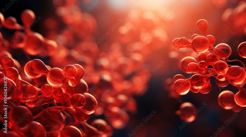 Poster abstract representation of molecular structures in vibrant red tones.