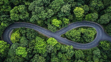 Aerial View of a Winding Road through a Lush Forest