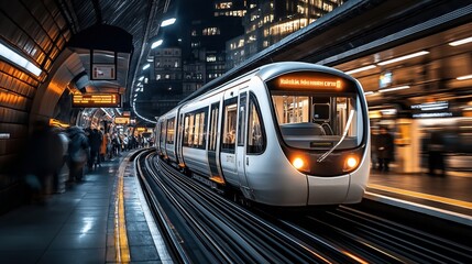 Naklejka premium Modern subway train arriving at an urban underground station at night, with motion blur capturing the bustling activity of passengers and illuminated cityscape in the background.