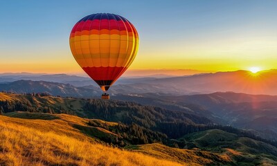 Fototapeta premium Colorful hot air balloon floating above scenic hills during sunrise.