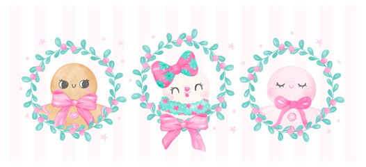 Pink Coquette Christmas banner group of gingerbread cookie and snow girl Pastel watercolor hand painting