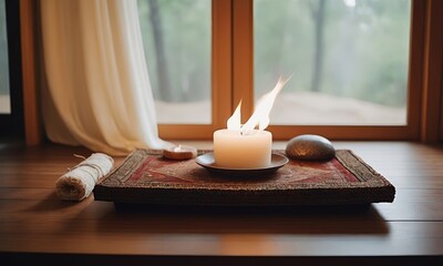 Fototapeta premium Indoor meditation space with a small fire pit on a rug, creating a warm and serene atmosphere